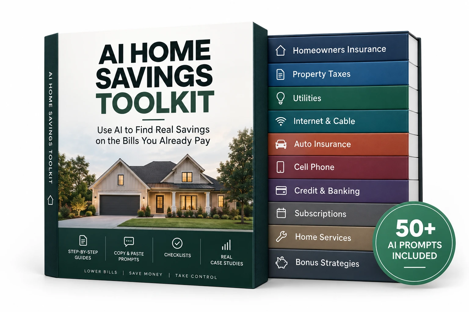 The AI Home Savings Toolkit — a boxed set of guides covering homeowners insurance, property taxes, utilities, internet and cable, auto insurance, cell phone, credit and banking, subscriptions, home services, and bonus strategies.